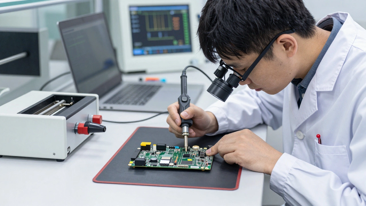 Technician repairing a laptop motherboard with micro-soldering tools in a cleanroom setting.