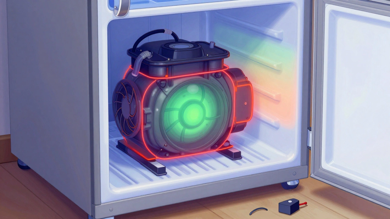 Thermal image of a fridge's rear showing abnormal cold spots near the compressor area.