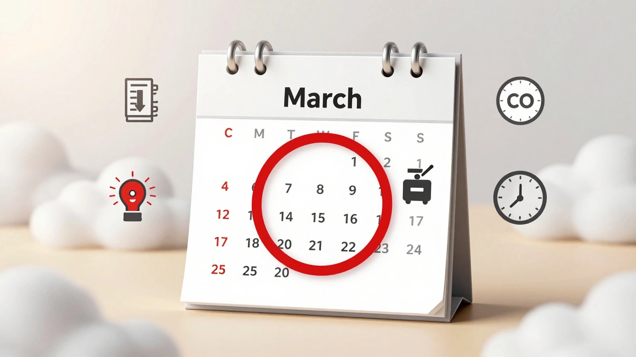 A calendar marked for March with boiler safety icons representing efficiency, safety, and reliability.