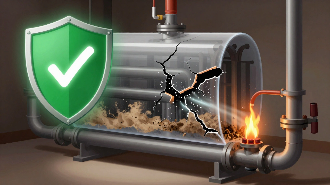 A transparent boiler showing internal damage and carbon monoxide leaks versus a safety shield.