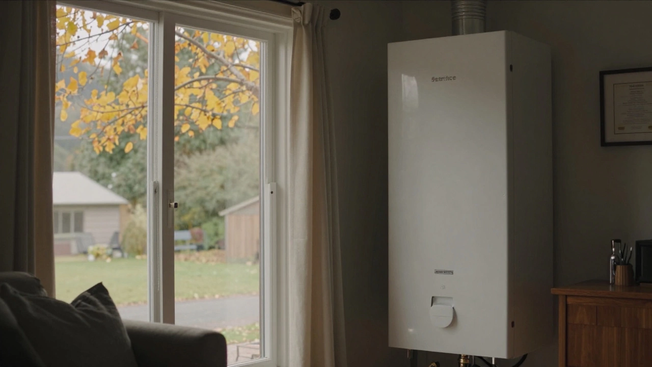 A warm home interior in autumn with a boiler quietly operating in the background, ensuring comfort.