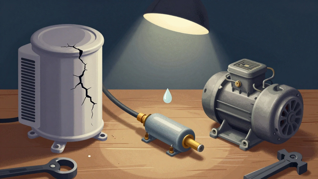 Close-up of three heat pump parts on a workbench: capacitor, refrigerant line, and compressor.