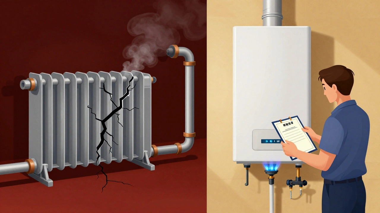 Contrasting images of a dangerous faulty boiler versus a safe, well-serviced one, symbolizing prevention.