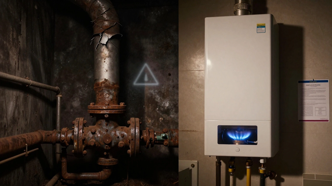 Contrasting images of a dangerous, neglected boiler versus a clean, safely serviced one.