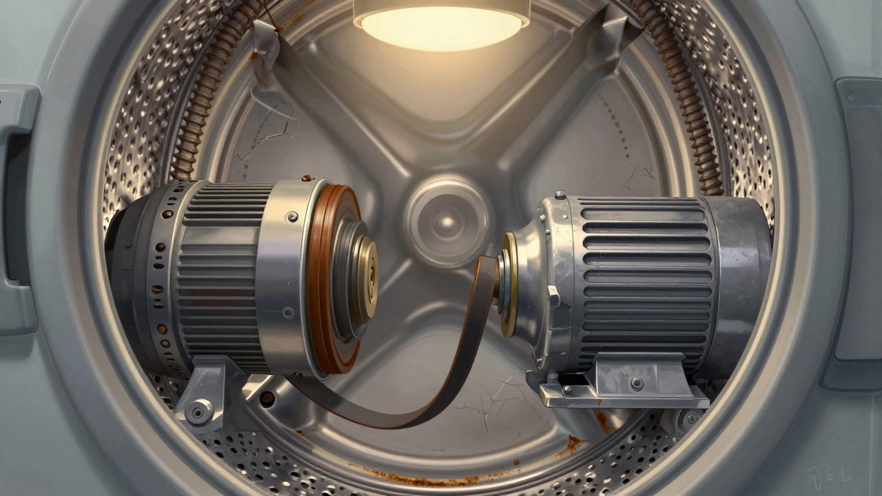 Cross-section view of a washing machine showing snapped drive belt, worn drum bearing, and rusted suspension springs.