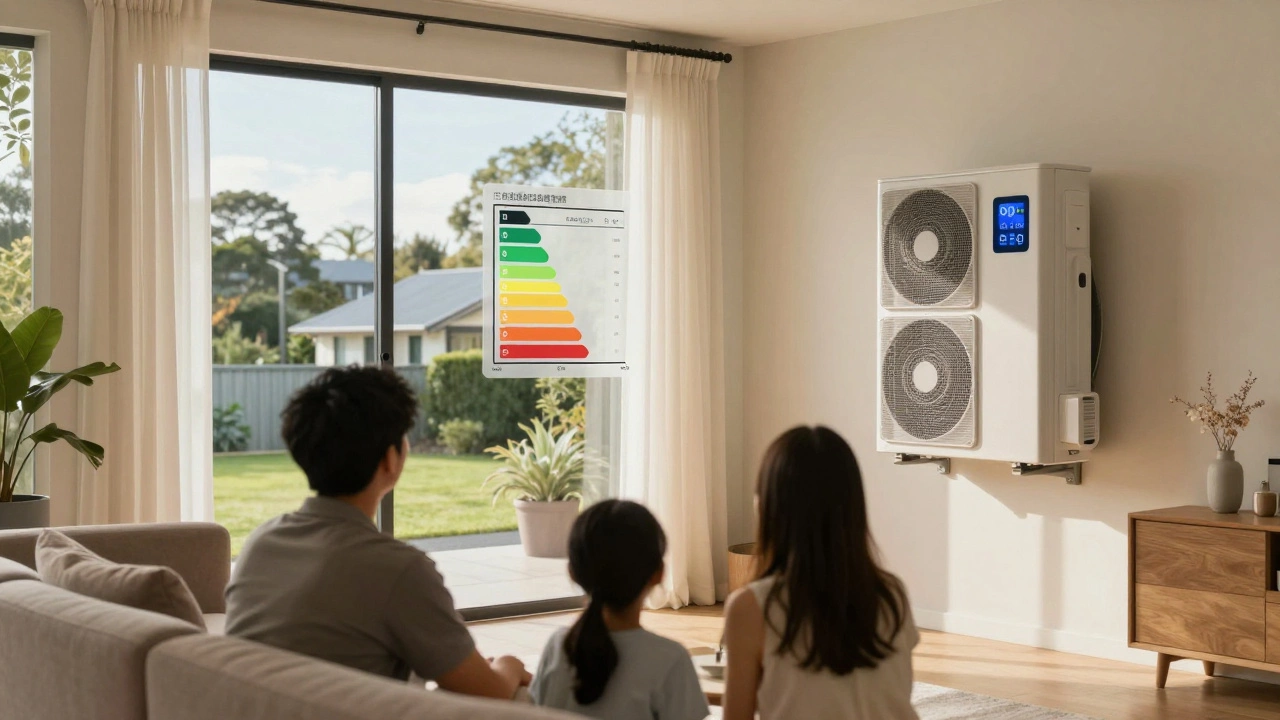 Family in a living room watching a modern heat pump display energy efficiency comparisons.
