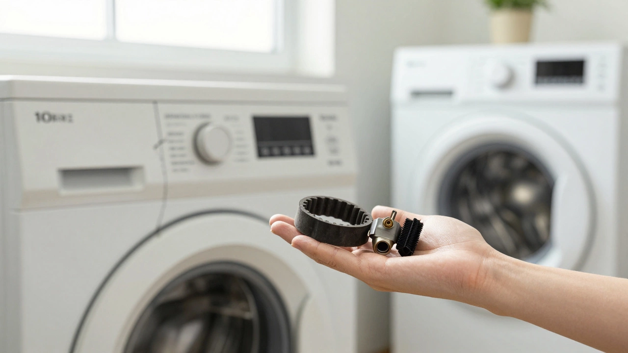 Hand holding repair parts next to an old washing machine, with a new model visible in the blurred background.