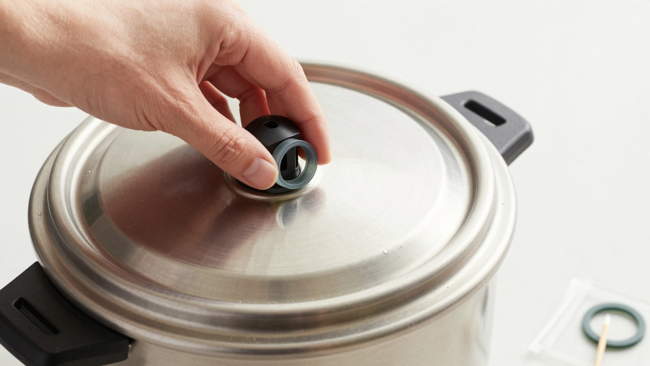 Hand installing a new sealing ring into pressure cooker lid