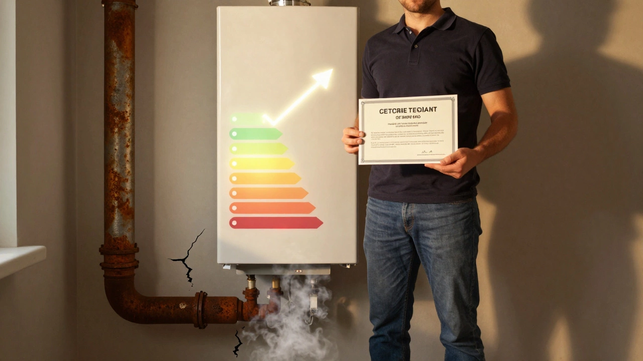 Homeowner holds a compliance certificate beside a new boiler, with an energy savings graph rising behind them and old pipes fading into smoke.