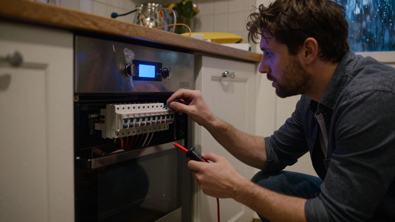 Homeowner resetting a tripped circuit breaker for an oven, with blank digital display and storm visible through window.