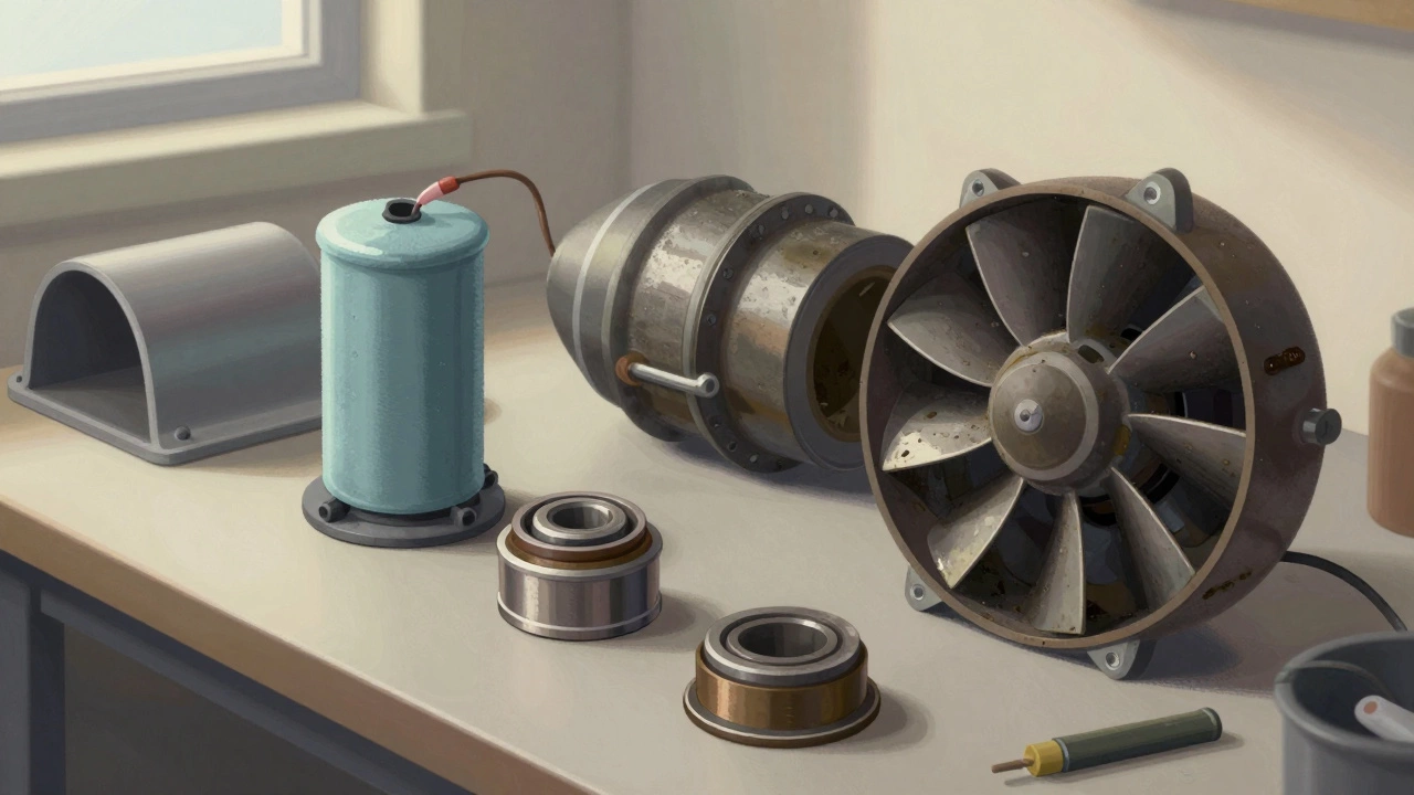 Internal parts of a broken extractor fan laid out on a workbench: capacitor, bearings, and impeller.