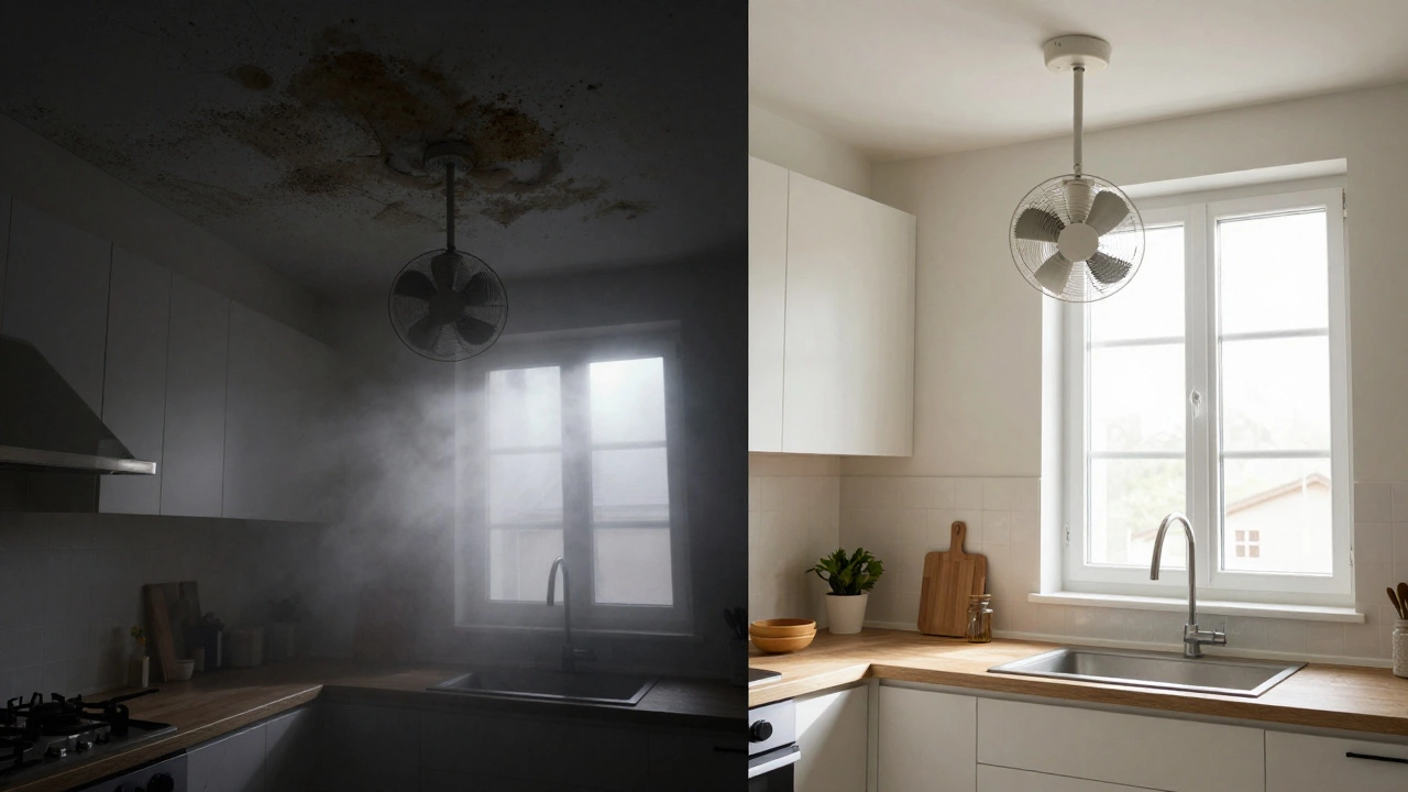 Split image: left shows moldy kitchen with broken fan, right shows clean kitchen with working fan.