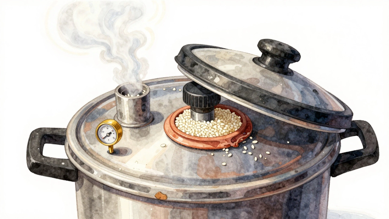 Steam escaping from clogged vent and misaligned lid of pressure cooker