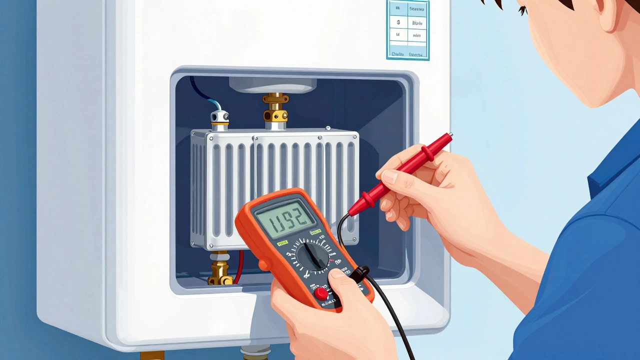 Technician testing electric water heater heating element with multimeter probes.