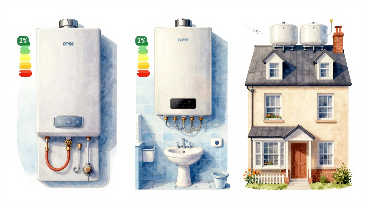 Three boiler types displayed in different NZ home settings: combi in an apartment, system in a family home, regular in an older house with loft tanks.