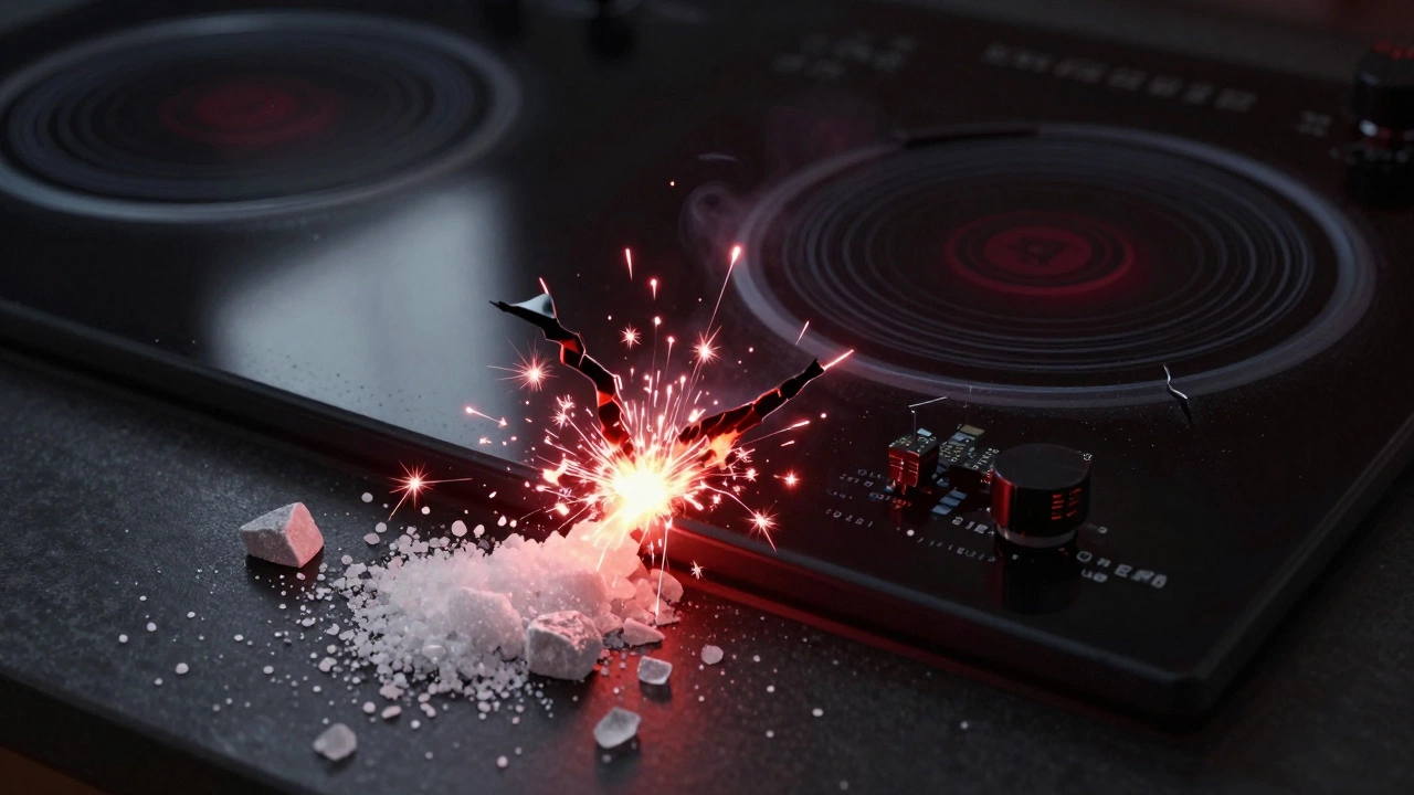 A cracked induction hob surface sparking dangerously with hardened spills nearby.