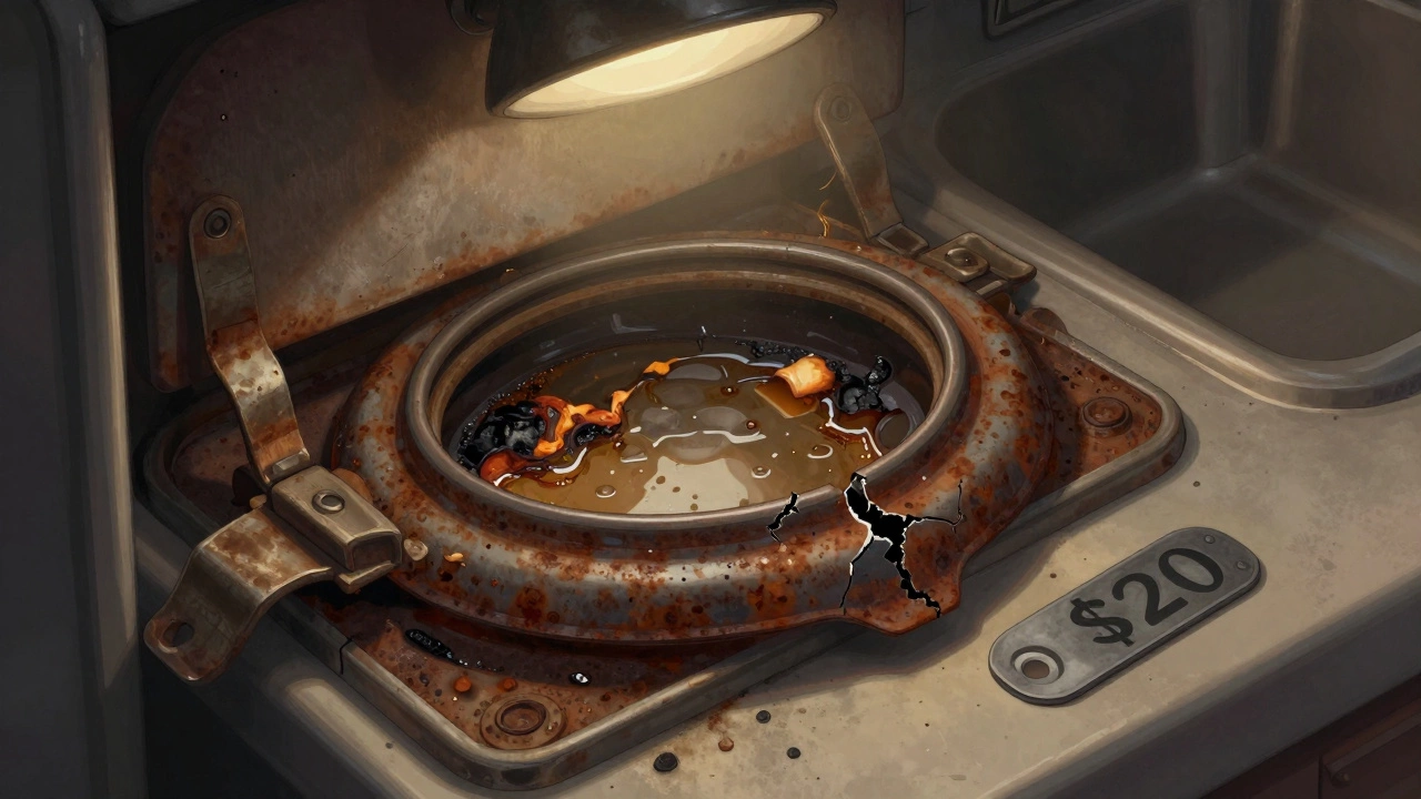 A damaged cooker door seal with rust and food residue, contrasted with a replacement seal on the counter.