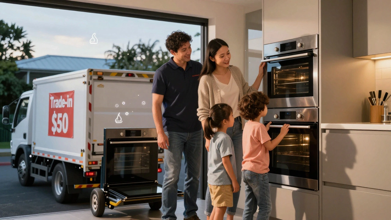 A family watching a technician install a new oven as the old one is recycled
