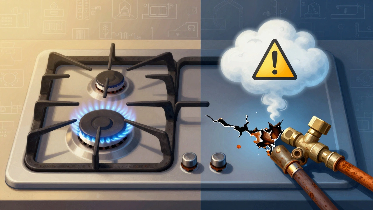 A gas hob split in two: one side clean and functional, the other rusted and leaking gas, symbolizing repair versus replacement.
