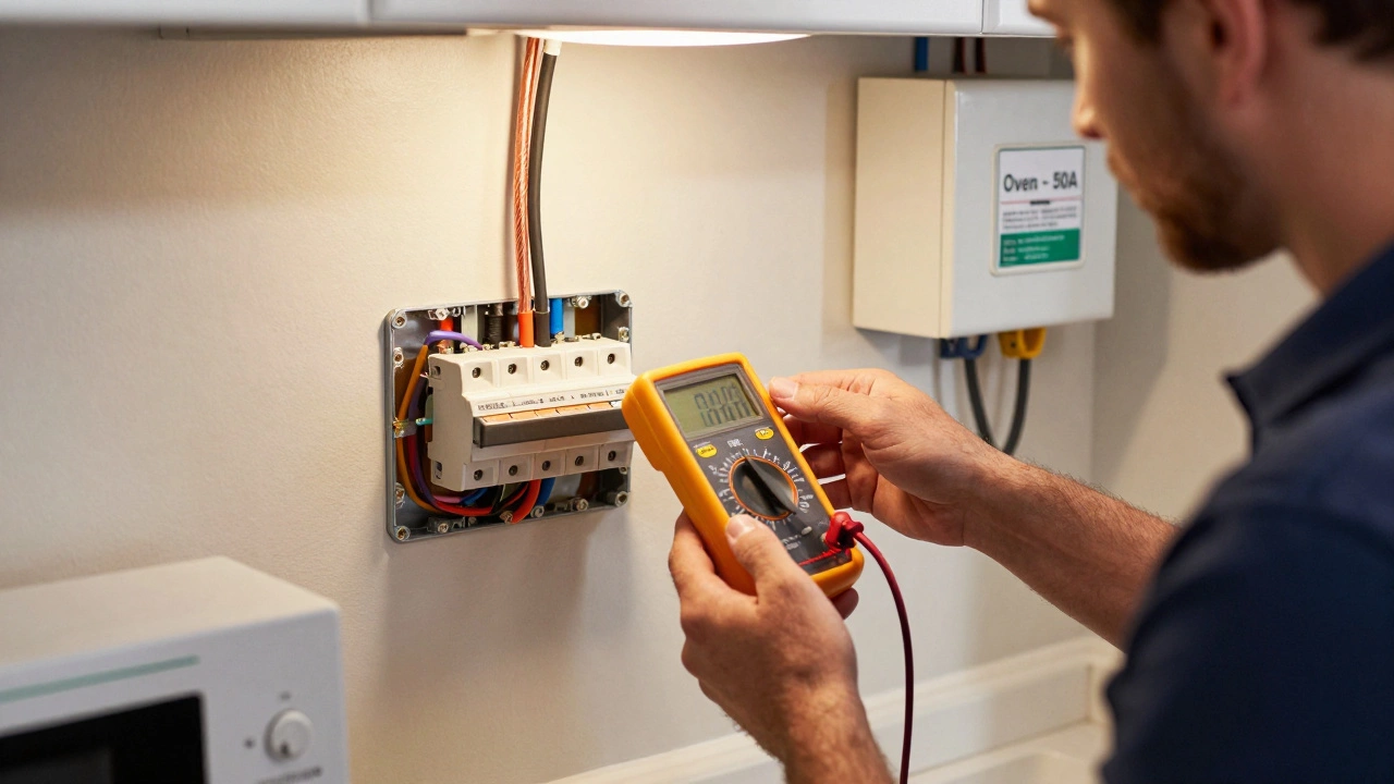 A licensed electrician testing a dedicated 240-volt oven circuit with a multimeter in a kitchen.