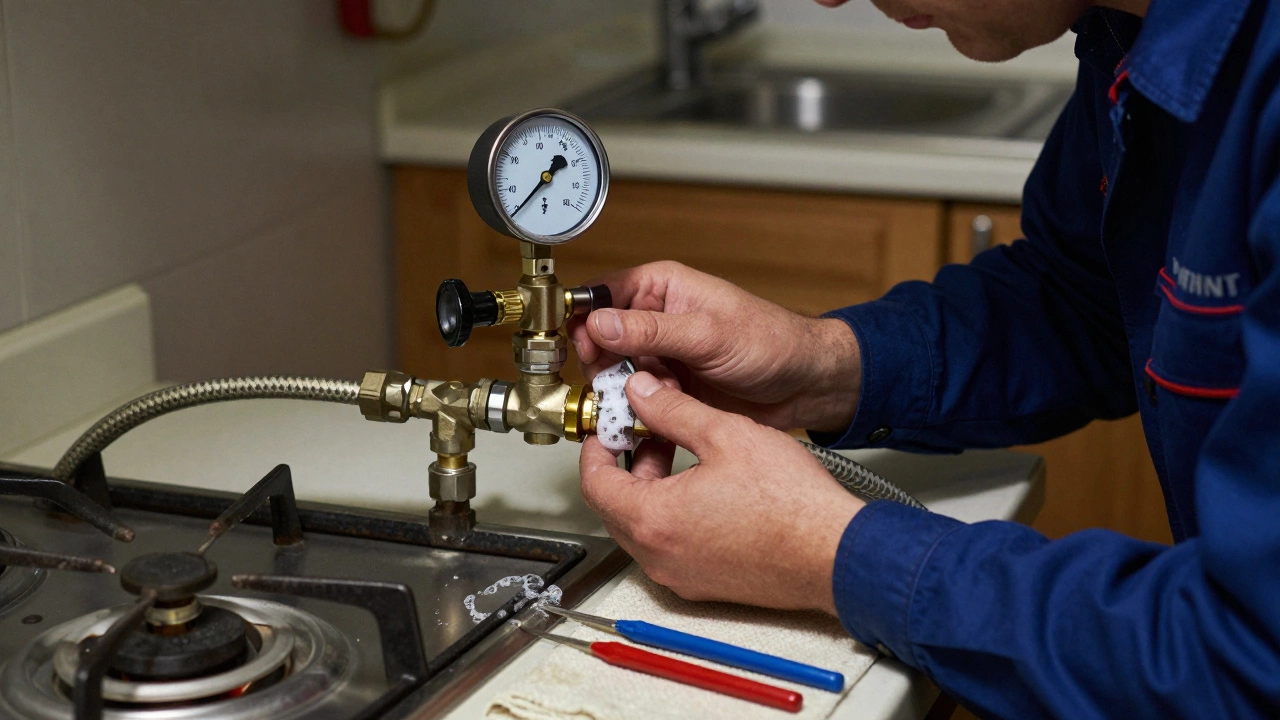 A licensed gas fitter inspecting a gas valve under a hob using a soap solution to detect a leak.