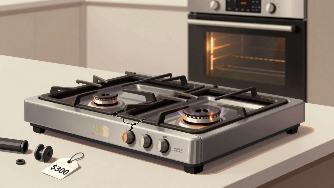 Aging gas oven with cracked burner next to a modern replacement, highlighting repair vs. replace.