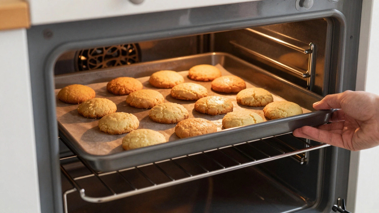 Baking tray with unevenly cooked cookies, showing one side raw and the other burnt.