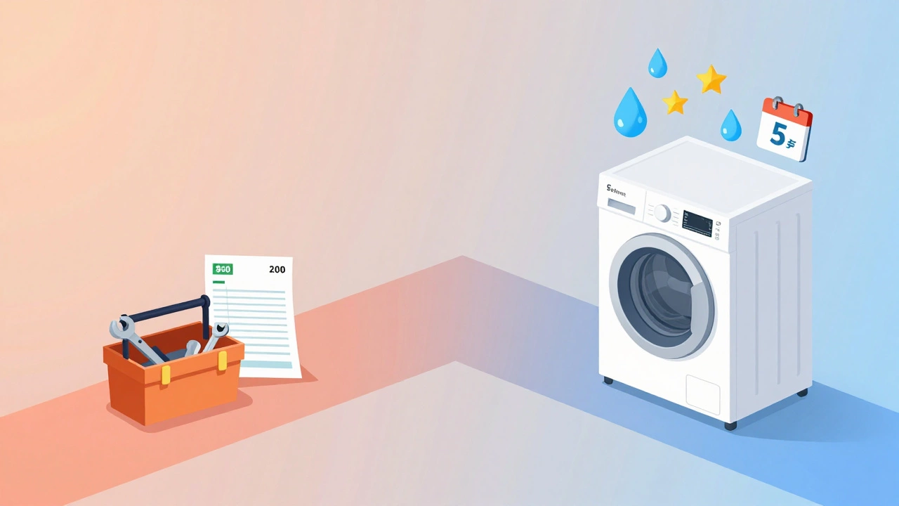 Conceptual crossroads showing repair costs versus buying a new washing machine with energy savings icons.