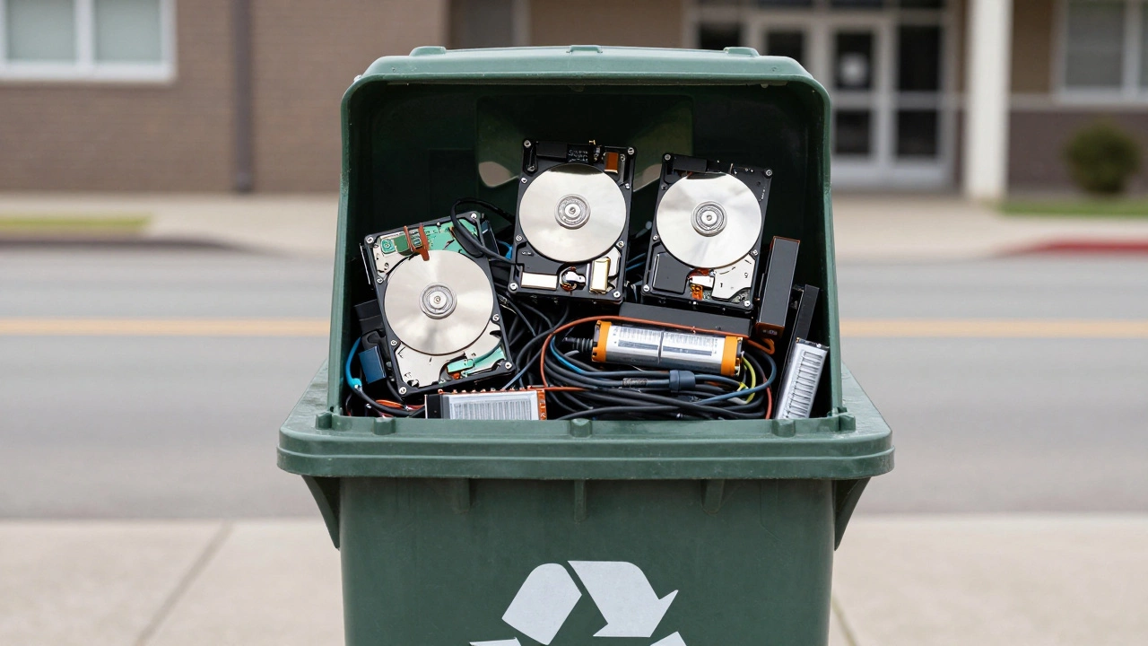 Eco-friendly recycling bin containing obsolete electronic devices