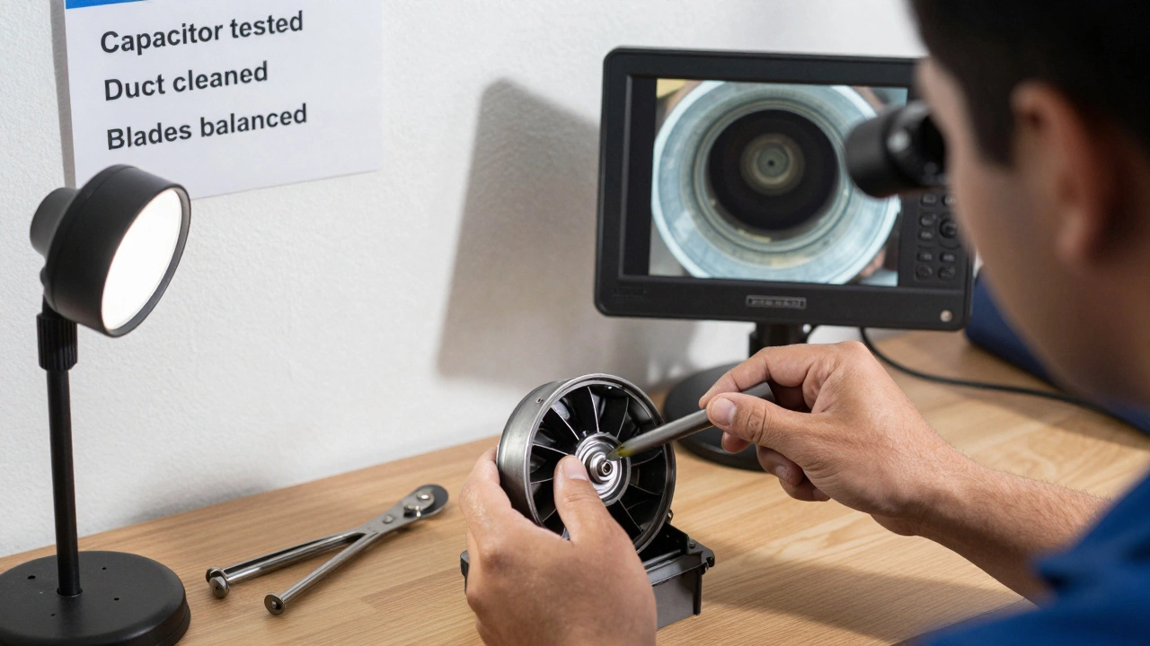 Hands applying grease to fan bearings while a clean duct is visible on a monitor.