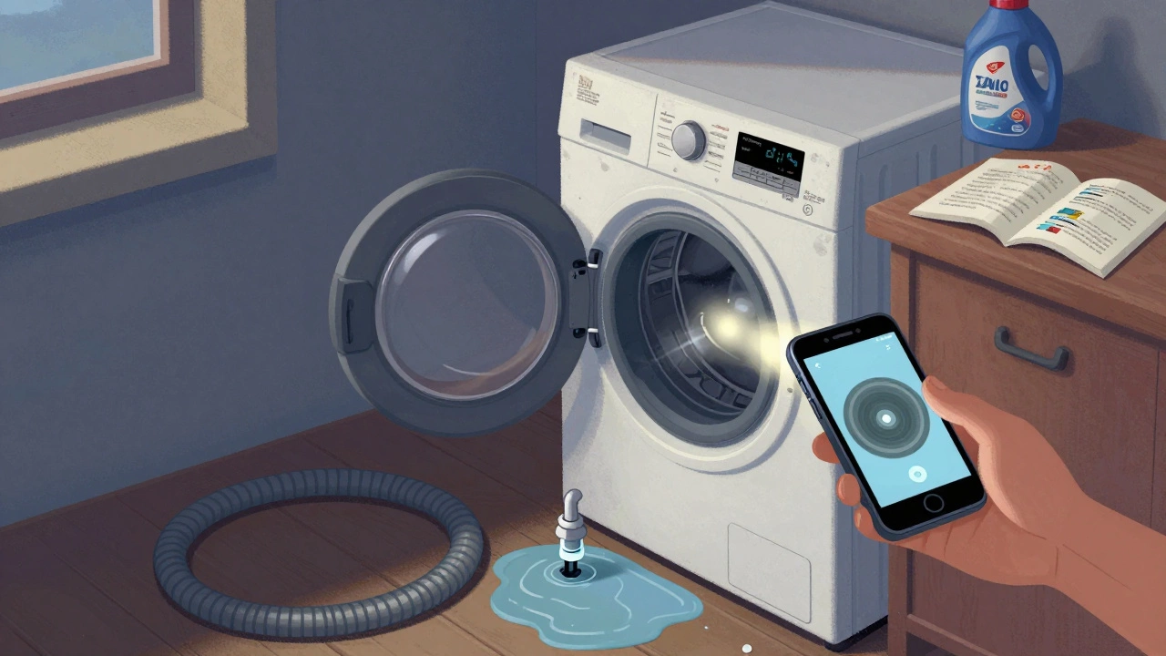Leaking washing machine in a dimly lit laundry room, with a smartphone recording its vibration.