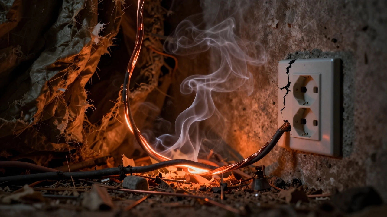 Overheated wiring inside a wall, showing signs of fire risk from an improperly installed oven outlet.
