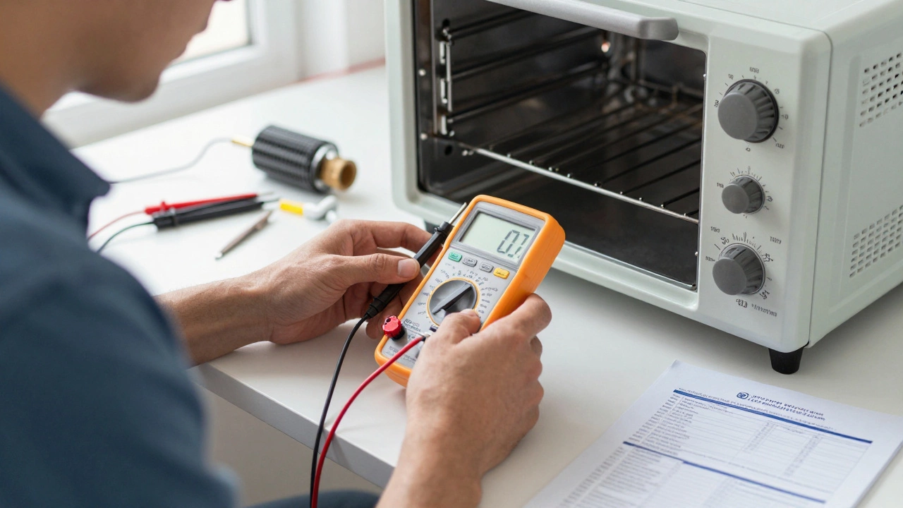 Person testing an oven element with a multimeter showing 'OL' on the display.