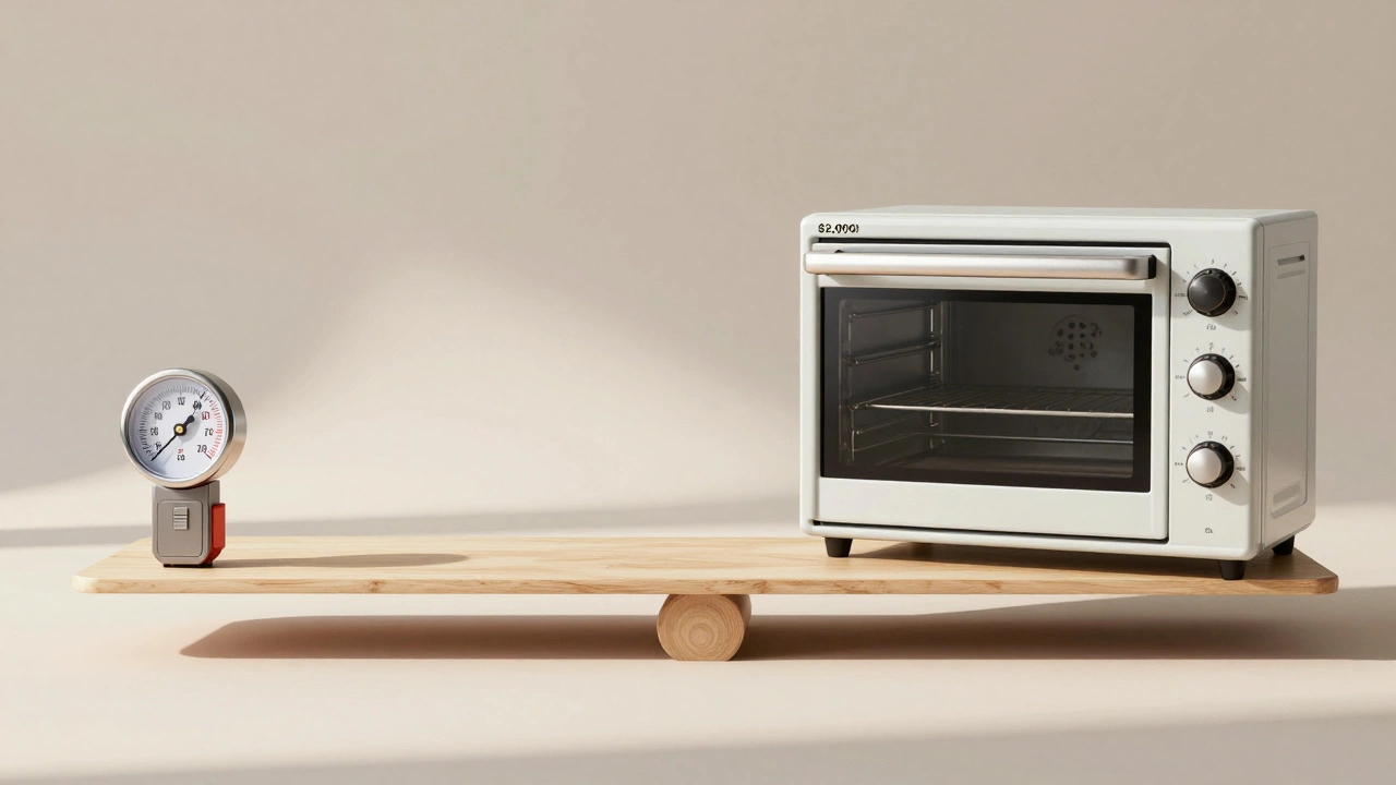 Scale balancing repair cost against new oven price, symbolizing cost-benefit decision.