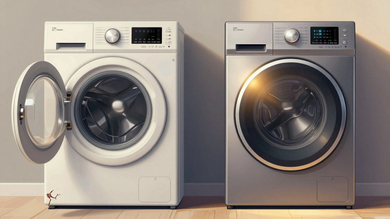 Side-by-side comparison of an aging washing machine with leaks and a new energy-efficient model.