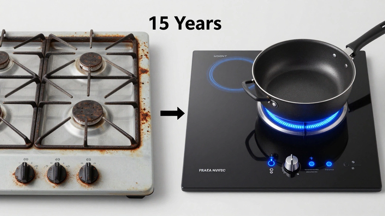 Side-by-side comparison of an old, dirty hob and a new, efficient induction hob.