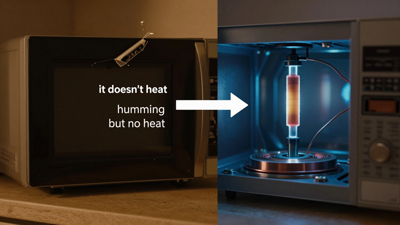 Split-screen view of a malfunctioning microwave showing external damage and internal components.