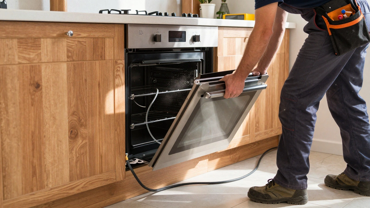 Technician removing built-in oven from kitchen cabinet for repair