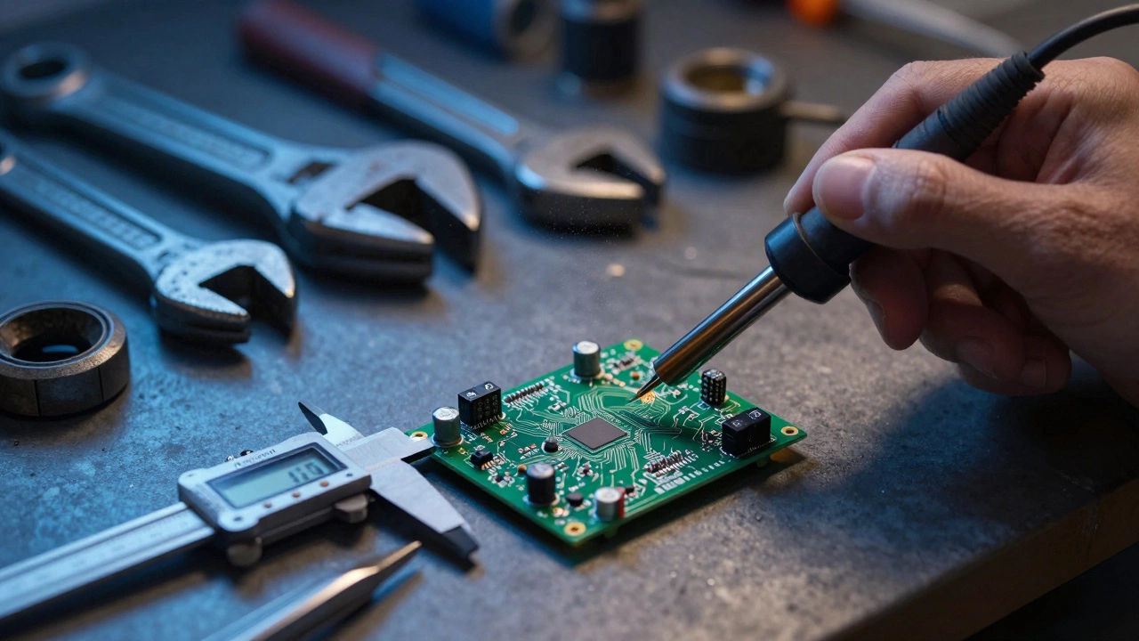 Workbench showing delicate electronics tools and heavy mechanics gear