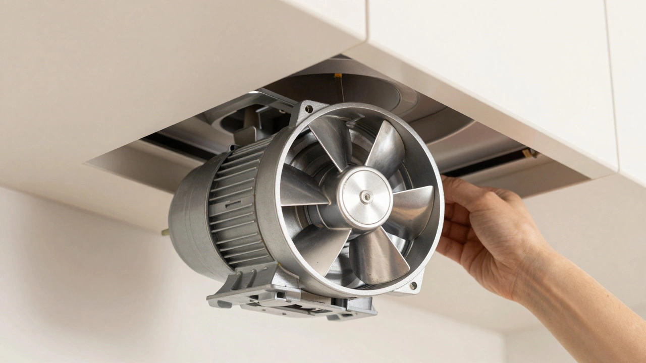 A clean, restored fan motor being reinstalled into a kitchen ceiling.