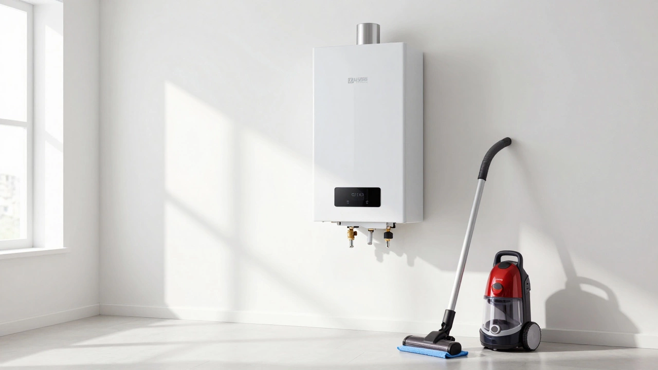 A newly installed modern combi boiler on a clean wall with cleaning tools nearby.