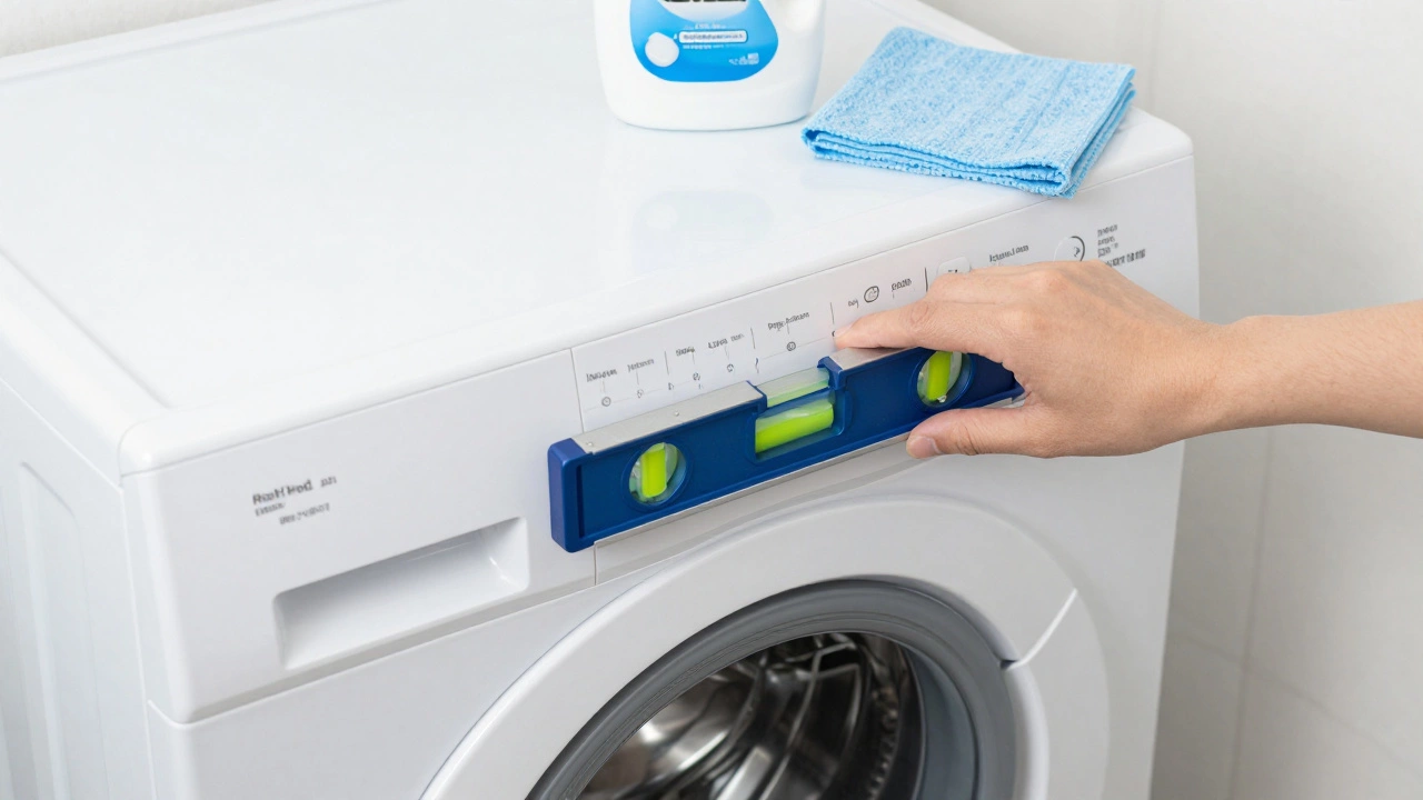 A person using a bubble level to ensure a washing machine is perfectly balanced