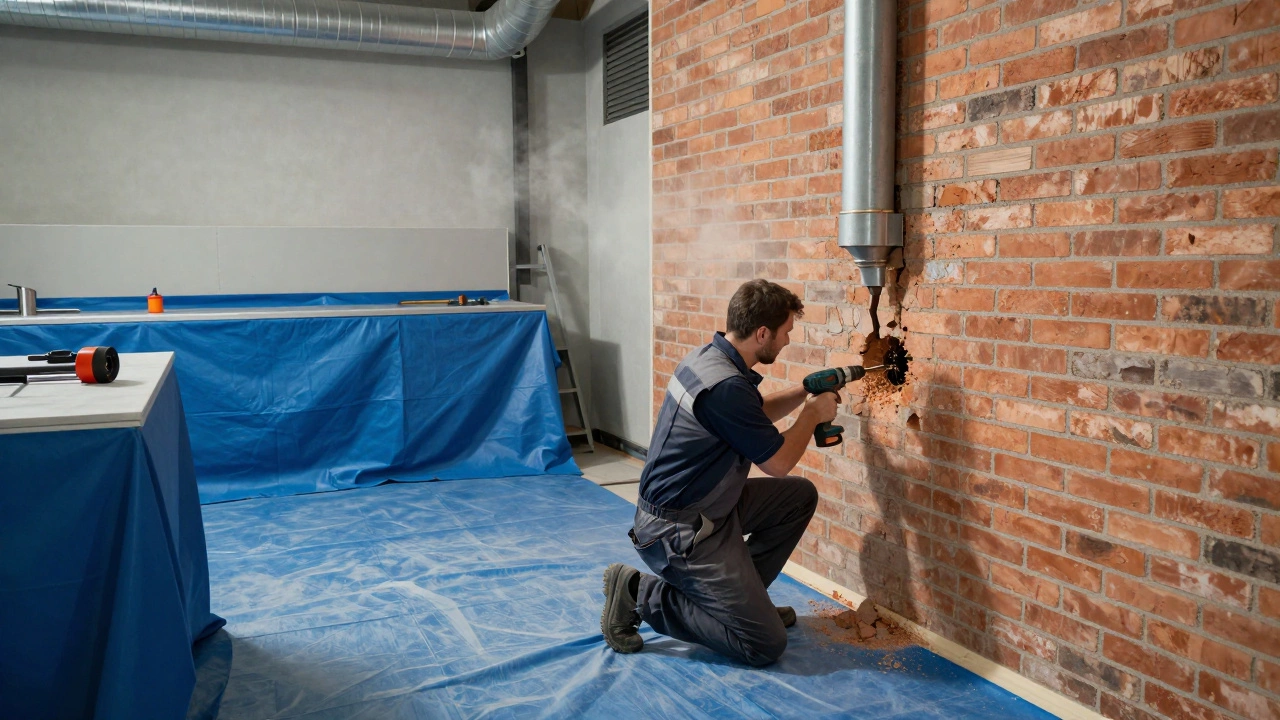 A technician installing a boiler with protective dust sheets covering the kitchen floor.