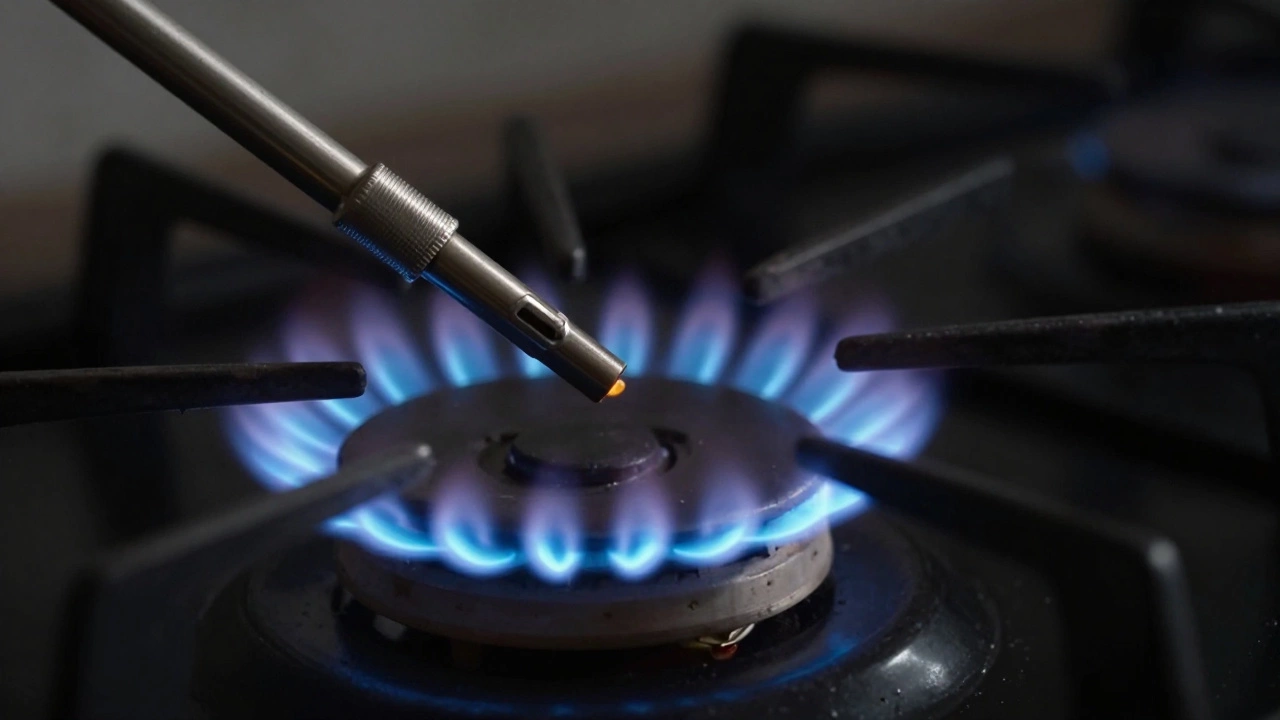 A weak, flickering blue gas flame next to a metal thermocouple probe