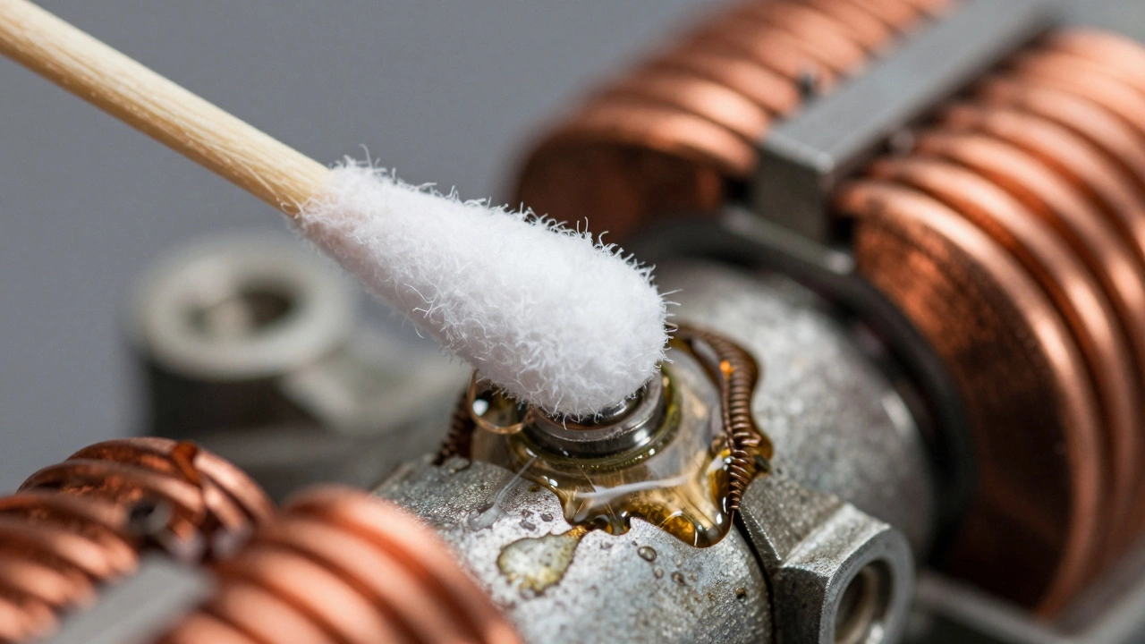 Close-up of a cotton swab cleaning copper motor windings with alcohol.