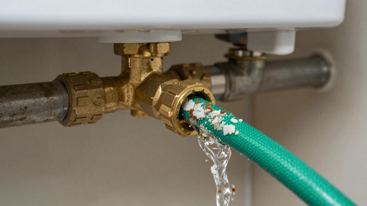 Close-up of a garden hose connected to a water heater drain valve removing sediment