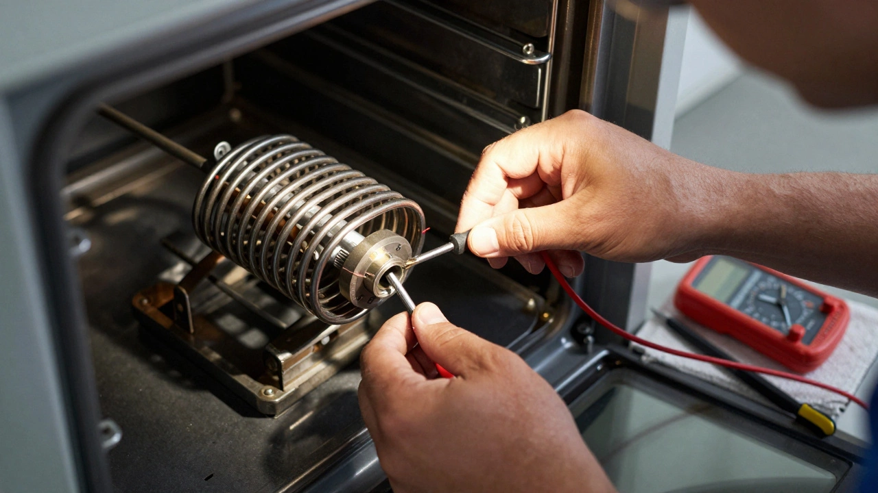 Close-up of a technician installing a new heating element coil inside an oven