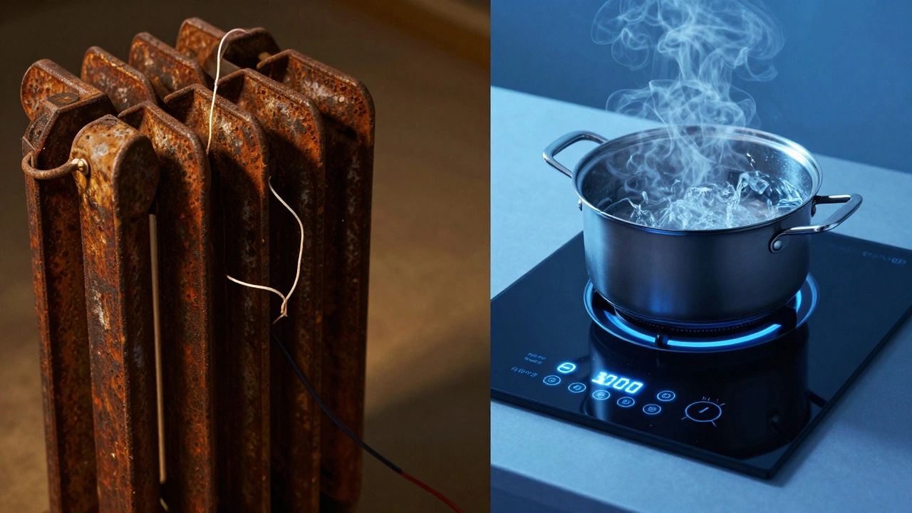 Comparison between a broken old oven element and a modern induction cooktop