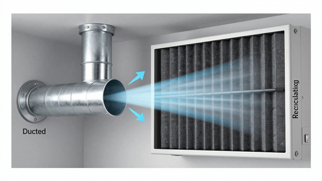 Comparison diagram of ducted versus recirculating kitchen ventilation systems