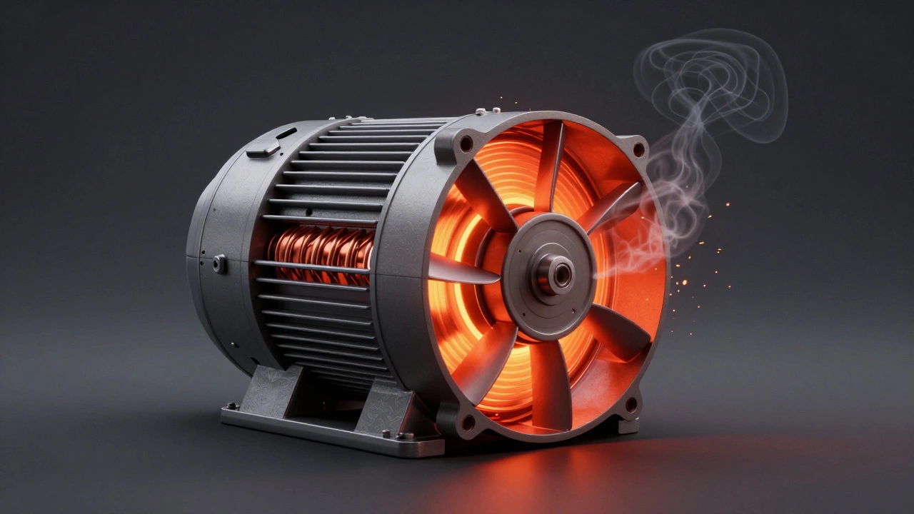 Conceptual 3D render of a fan motor overheating and burning out